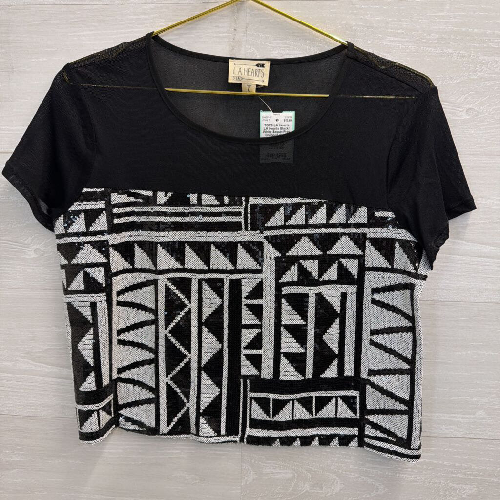 LA Hearts Black/ White Sequin Print Cropped Short Sleeve Top Large