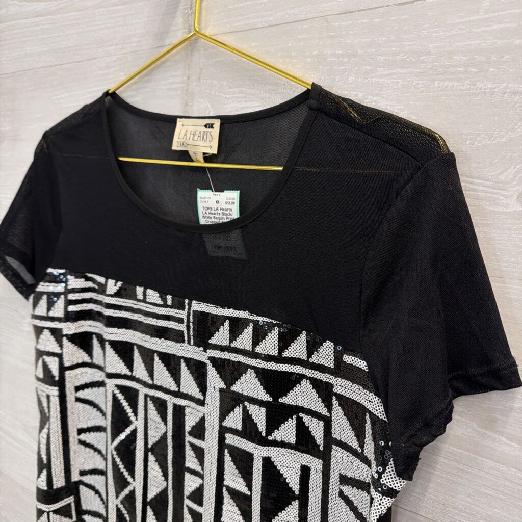 LA Hearts Black/ White Sequin Print Cropped Short Sleeve Top Large