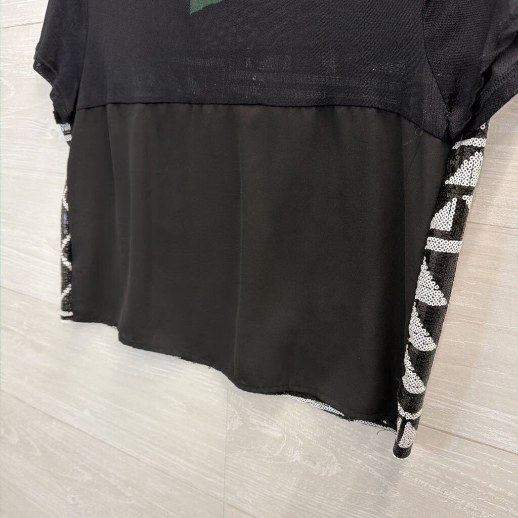 LA Hearts Black/ White Sequin Print Cropped Short Sleeve Top Large
