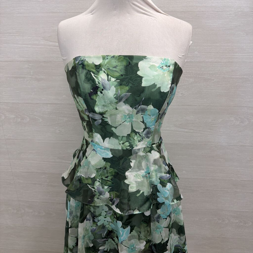 Shoshanna Green Floral Strapless Peplum Long Formal Dress 8