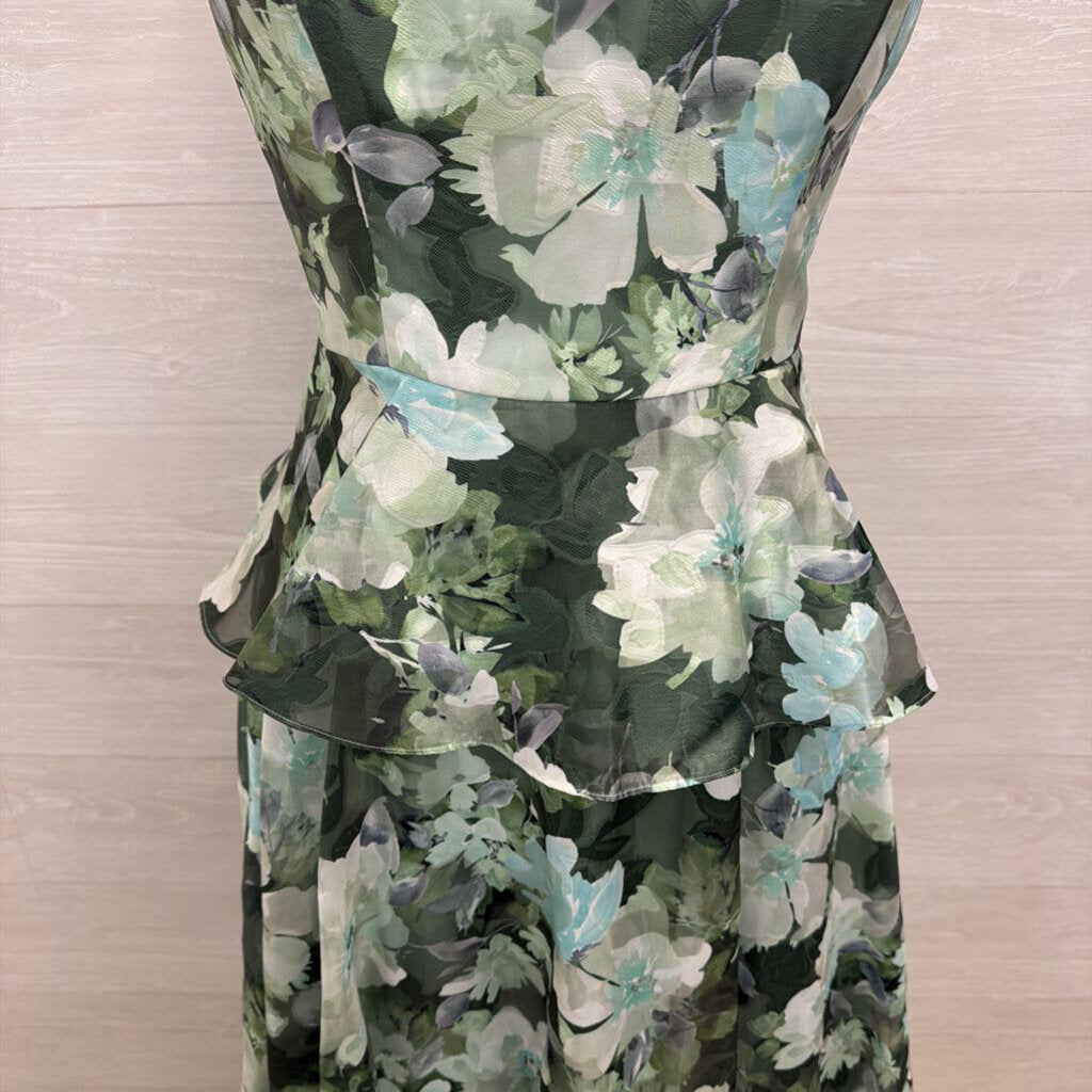 Shoshanna Green Floral Strapless Peplum Long Formal Dress 8