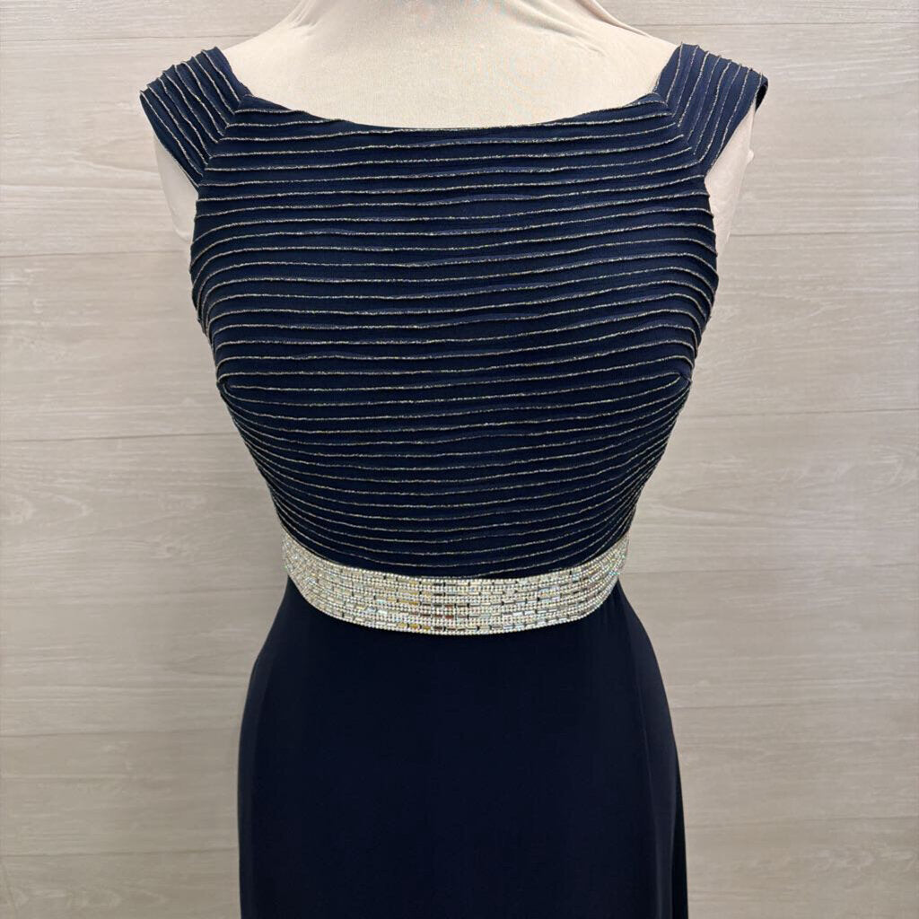 Frank Lyman Navy/ Silver Striped Off Shoulder Top Long Formal Dress Medium