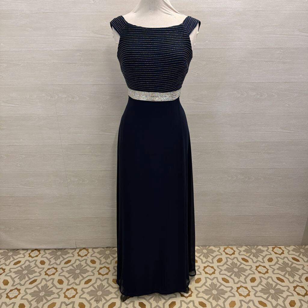 Frank Lyman Navy/ Silver Striped Off Shoulder Top Long Formal Dress Medium