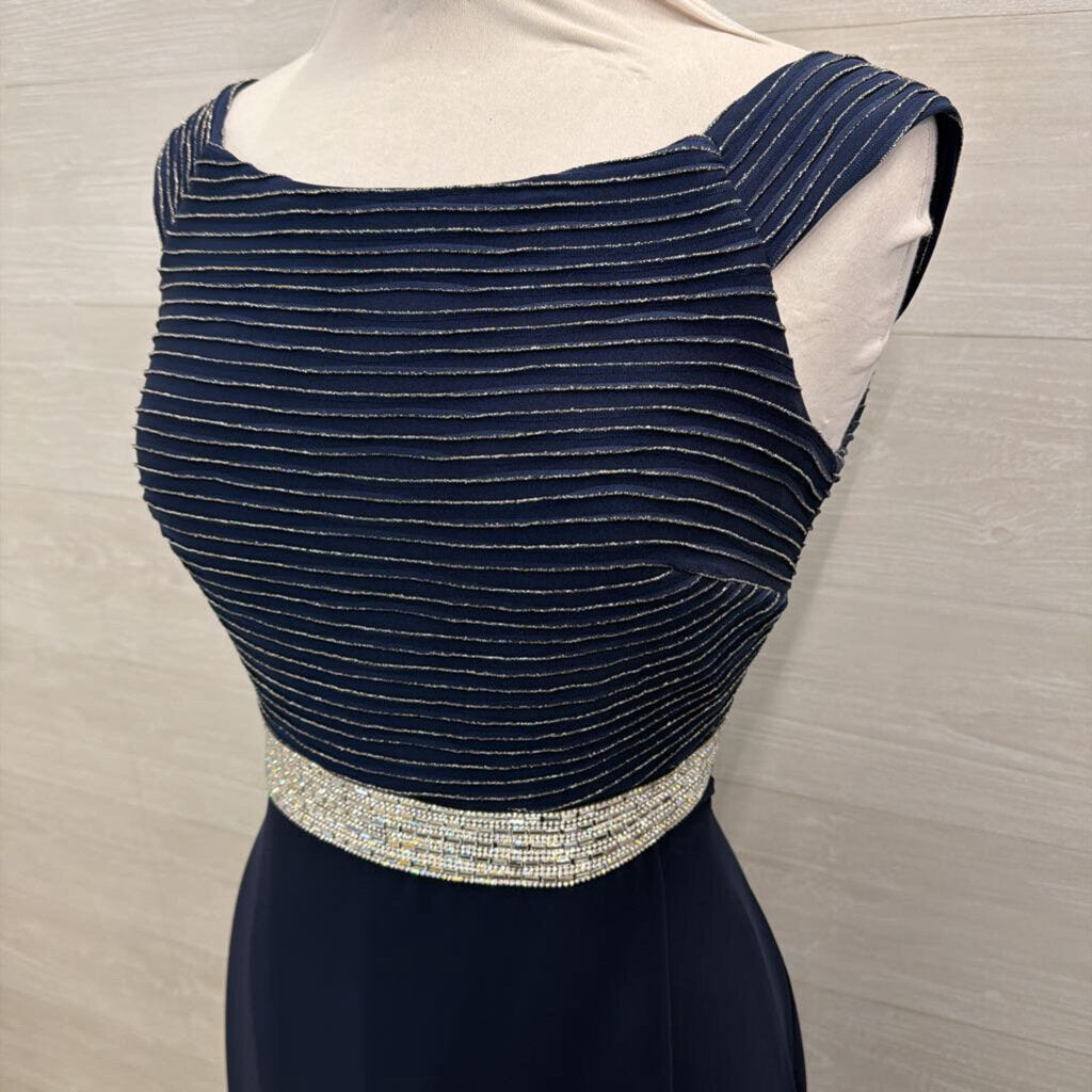 Frank Lyman Navy/ Silver Striped Off Shoulder Top Long Formal Dress Medium