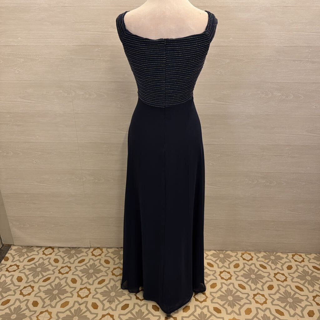 Frank Lyman Navy/ Silver Striped Off Shoulder Top Long Formal Dress Medium