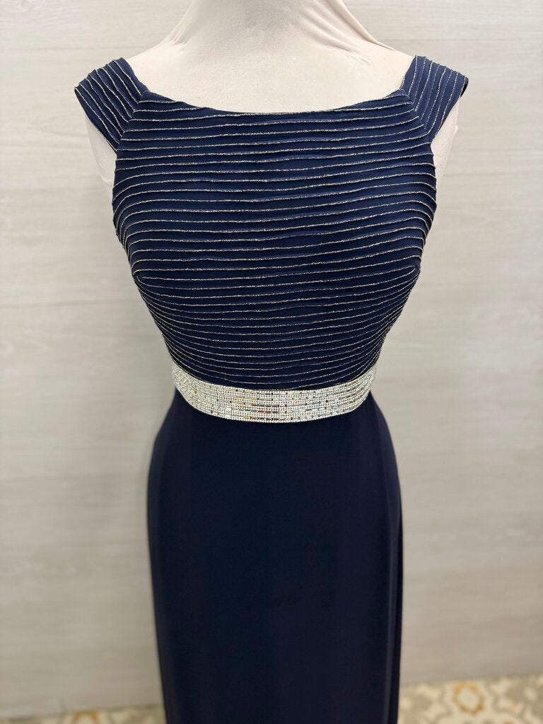 Frank Lyman Navy/ Silver Striped Off Shoulder Top Long Formal Dress Medium