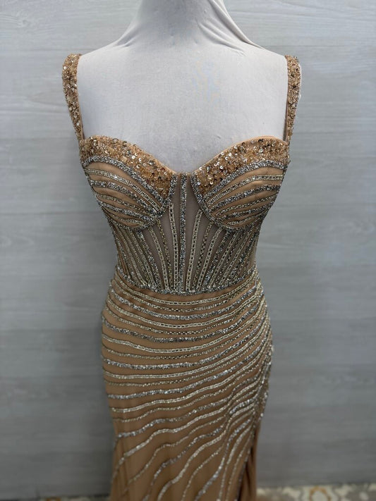 Amelia Couture Gold Embellished Rhinestone Long Formal Dress 10