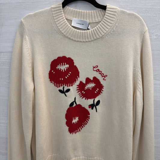 Coach Beige/ Red Flower Print Crewneck Sweater Large