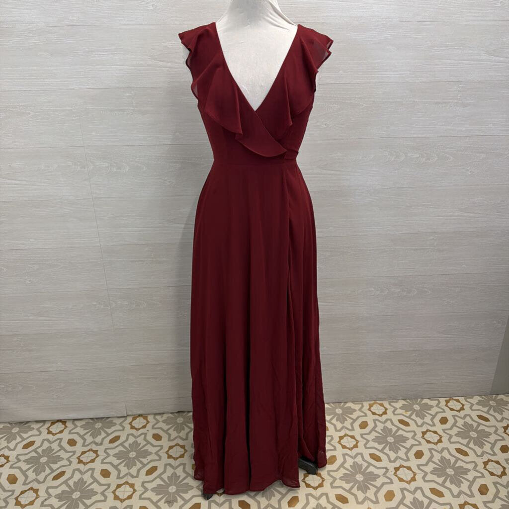 Lulus Burgundy Ruffle Top Cross Back Long Formal Dress Medium