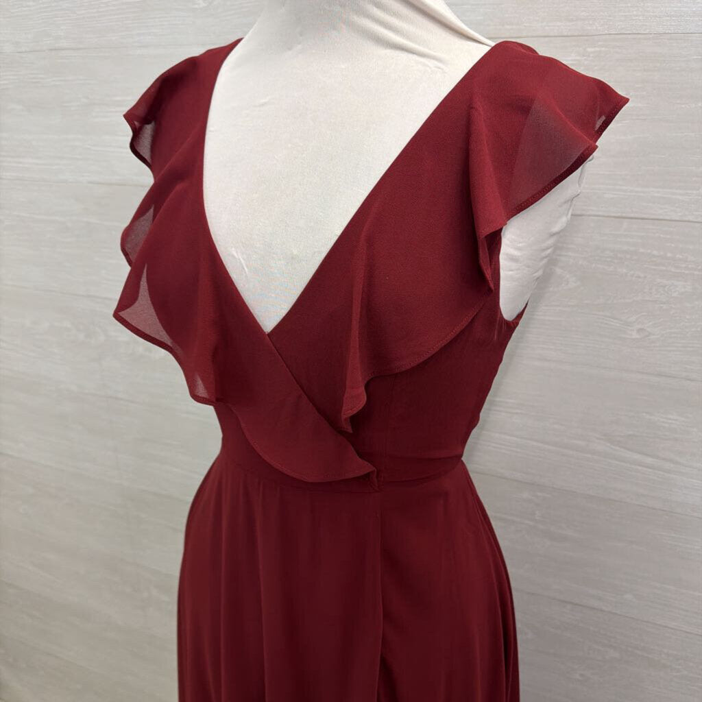 Lulus Burgundy Ruffle Top Cross Back Long Formal Dress Medium