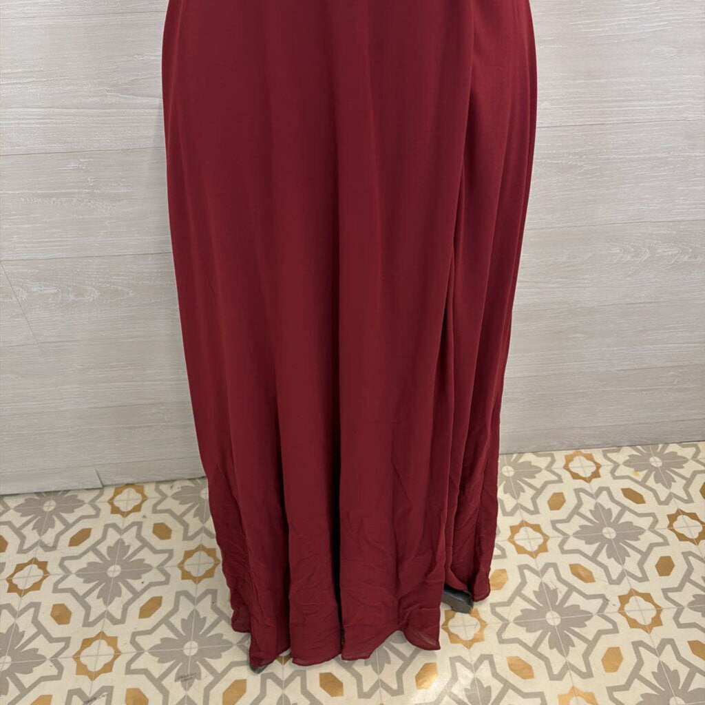 Lulus Burgundy Ruffle Top Cross Back Long Formal Dress Medium