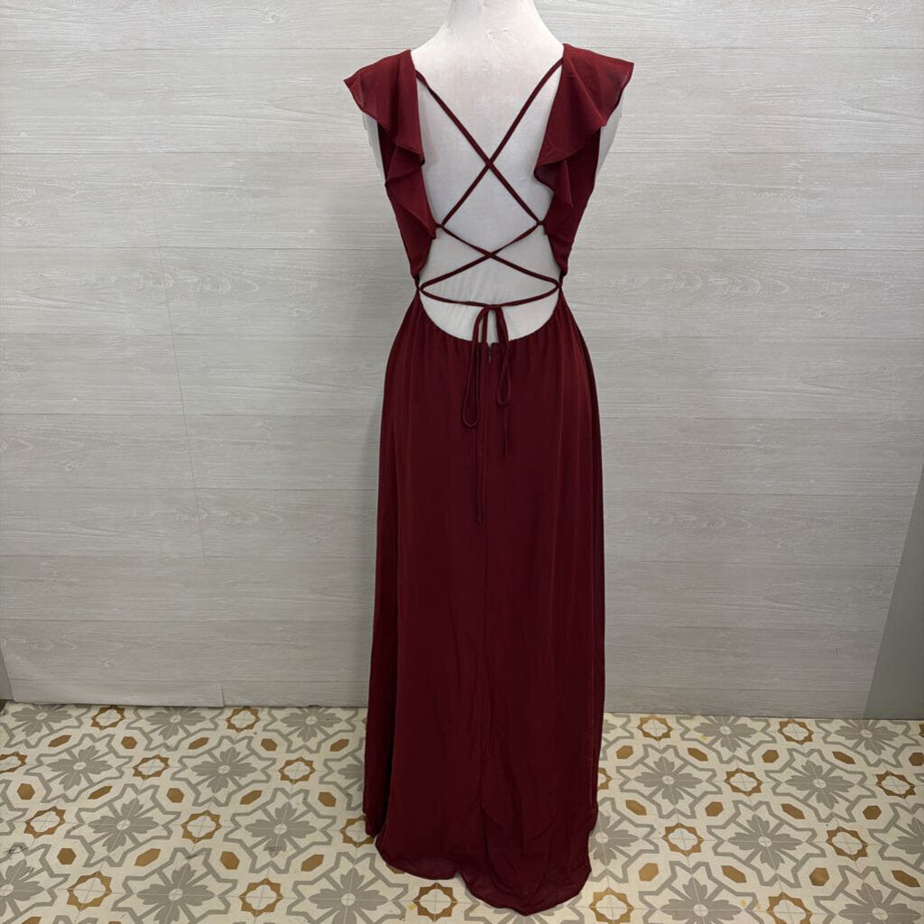 Lulus Burgundy Ruffle Top Cross Back Long Formal Dress Medium