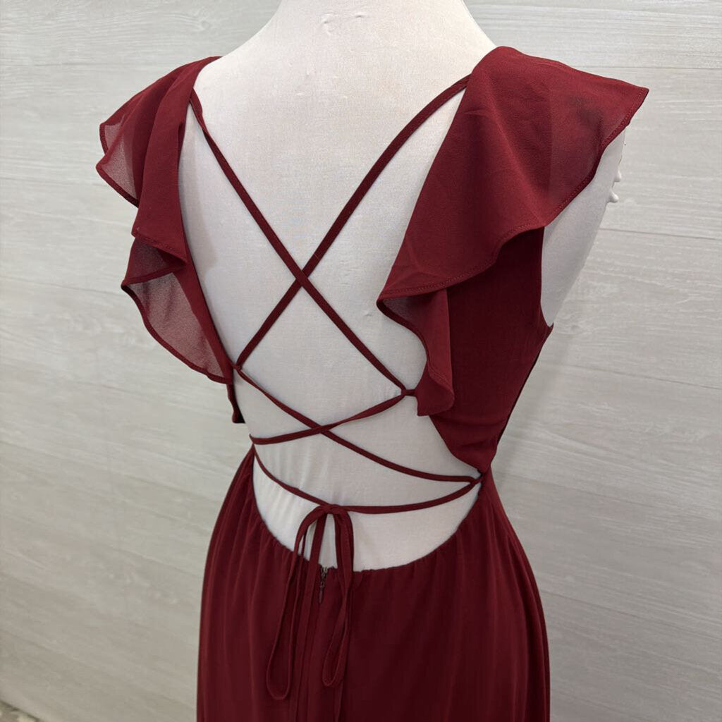 Lulus Burgundy Ruffle Top Cross Back Long Formal Dress Medium