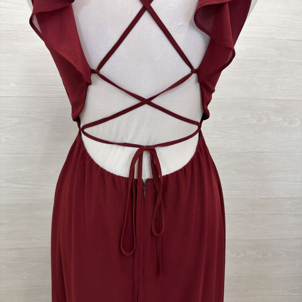 Lulus Burgundy Ruffle Top Cross Back Long Formal Dress Medium