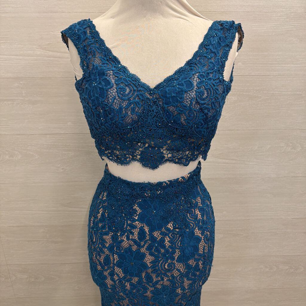 Teal/ Beige Lace 2 Piece Long Formal Dress 0