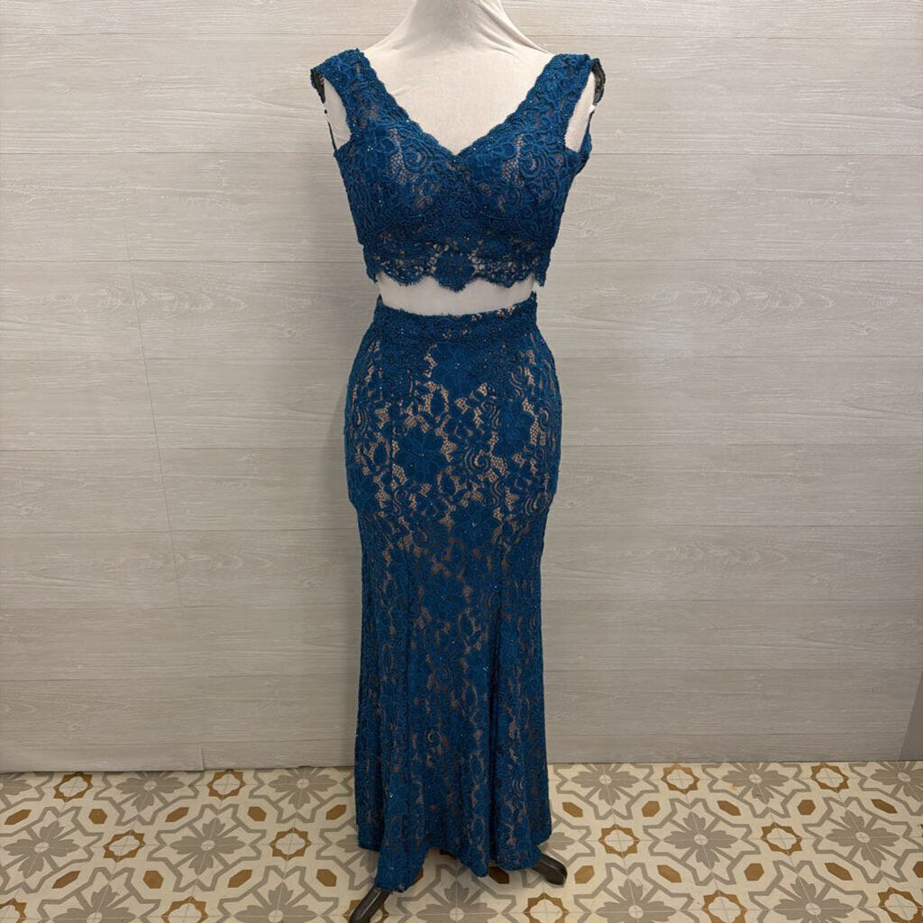 Teal/ Beige Lace 2 Piece Long Formal Dress 0
