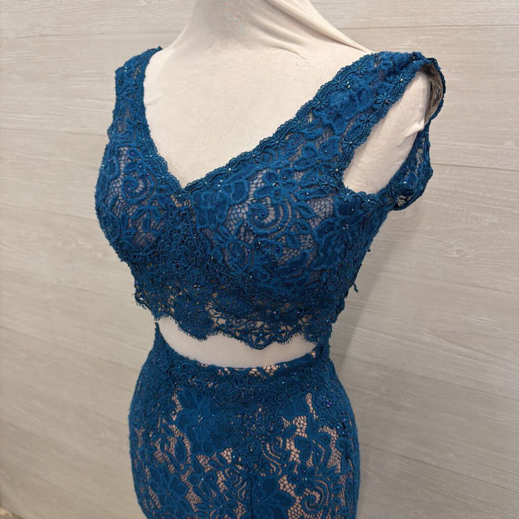 Teal/ Beige Lace 2 Piece Long Formal Dress 0