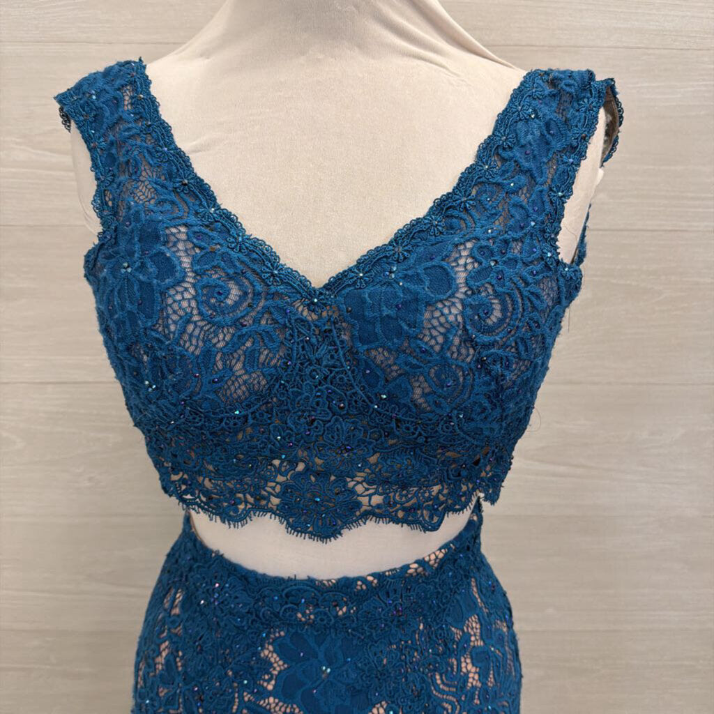 Teal/ Beige Lace 2 Piece Long Formal Dress 0