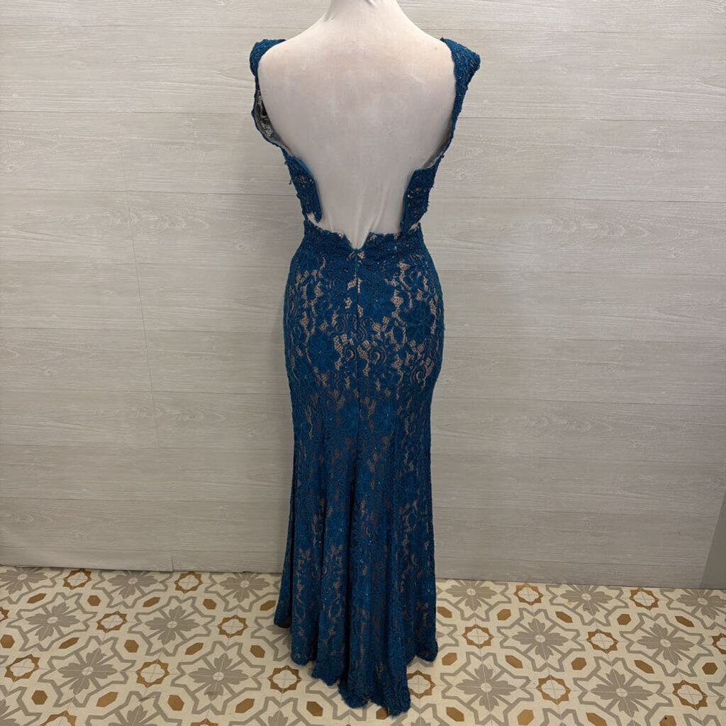 Teal/ Beige Lace 2 Piece Long Formal Dress 0