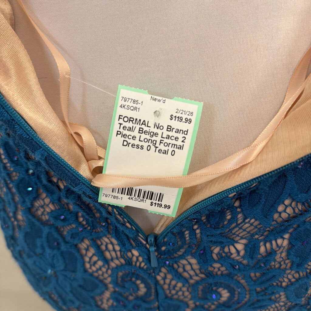 Teal/ Beige Lace 2 Piece Long Formal Dress 0