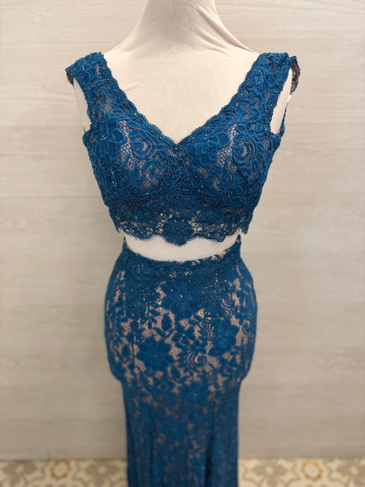 Teal/ Beige Lace 2 Piece Long Formal Dress 0