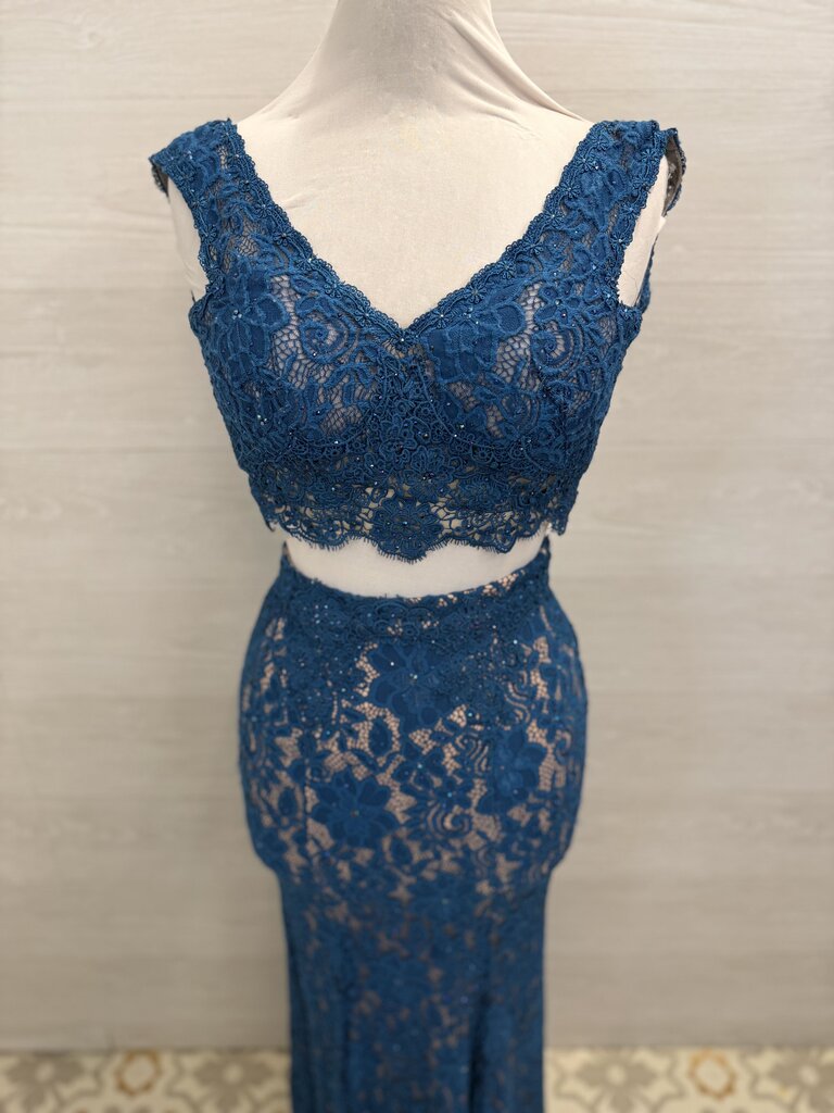 Teal/ Beige Lace 2 Piece Long Formal Dress 0
