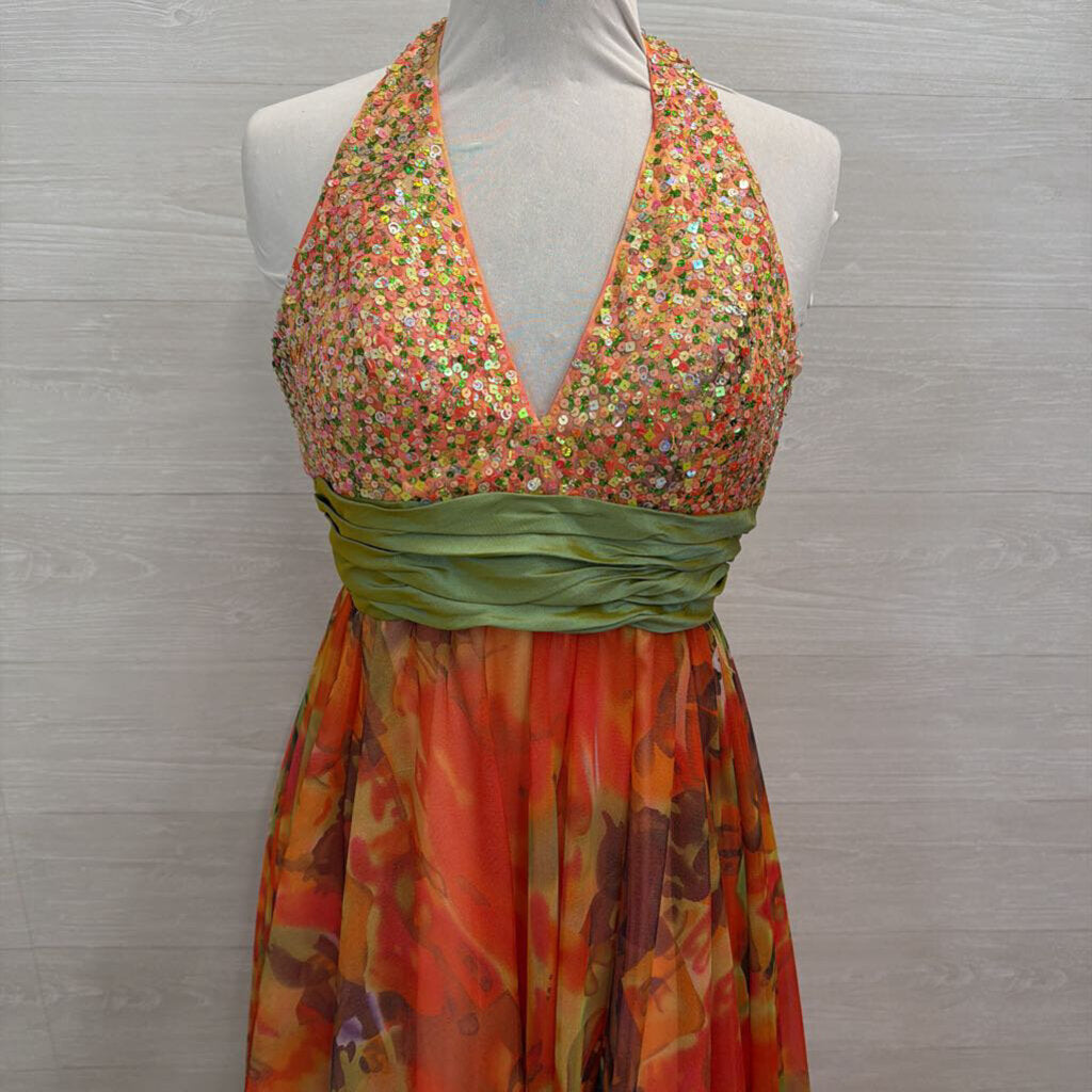 Dave and Johnny Orange/ Multi Sequin Top Print Tulle Skirt Long Formal Dress 3/4