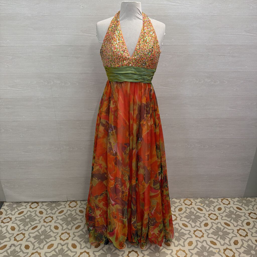 Dave and Johnny Orange/ Multi Sequin Top Print Tulle Skirt Long Formal Dress 3/4