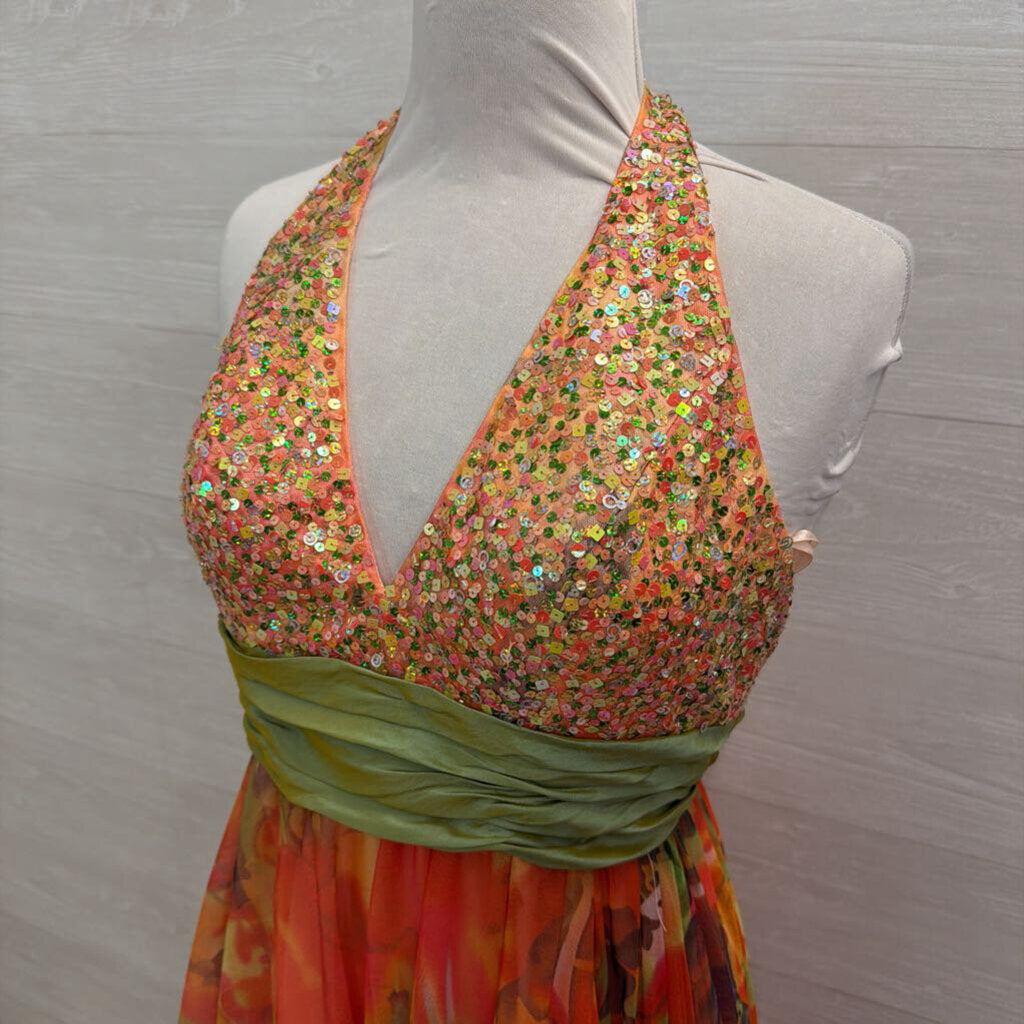 Dave and Johnny Orange/ Multi Sequin Top Print Tulle Skirt Long Formal Dress 3/4