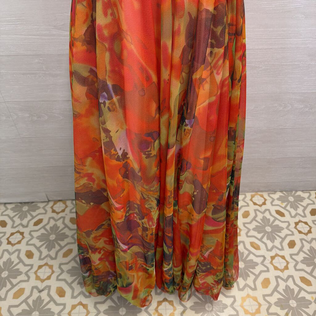 Dave and Johnny Orange/ Multi Sequin Top Print Tulle Skirt Long Formal Dress 3/4