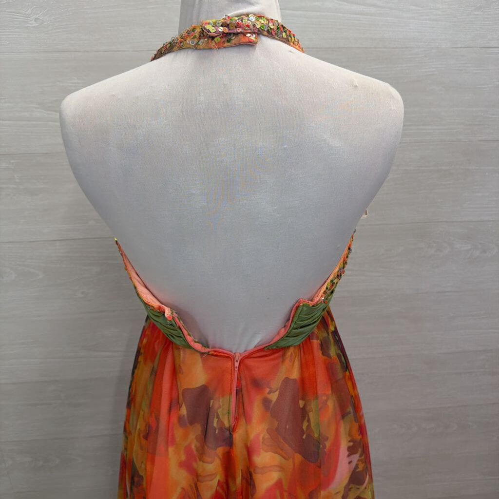Dave and Johnny Orange/ Multi Sequin Top Print Tulle Skirt Long Formal Dress 3/4