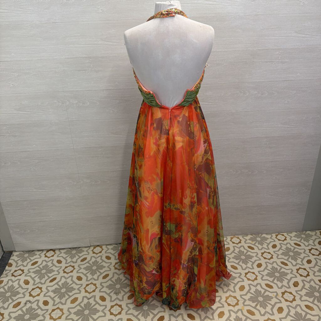 Dave and Johnny Orange/ Multi Sequin Top Print Tulle Skirt Long Formal Dress 3/4