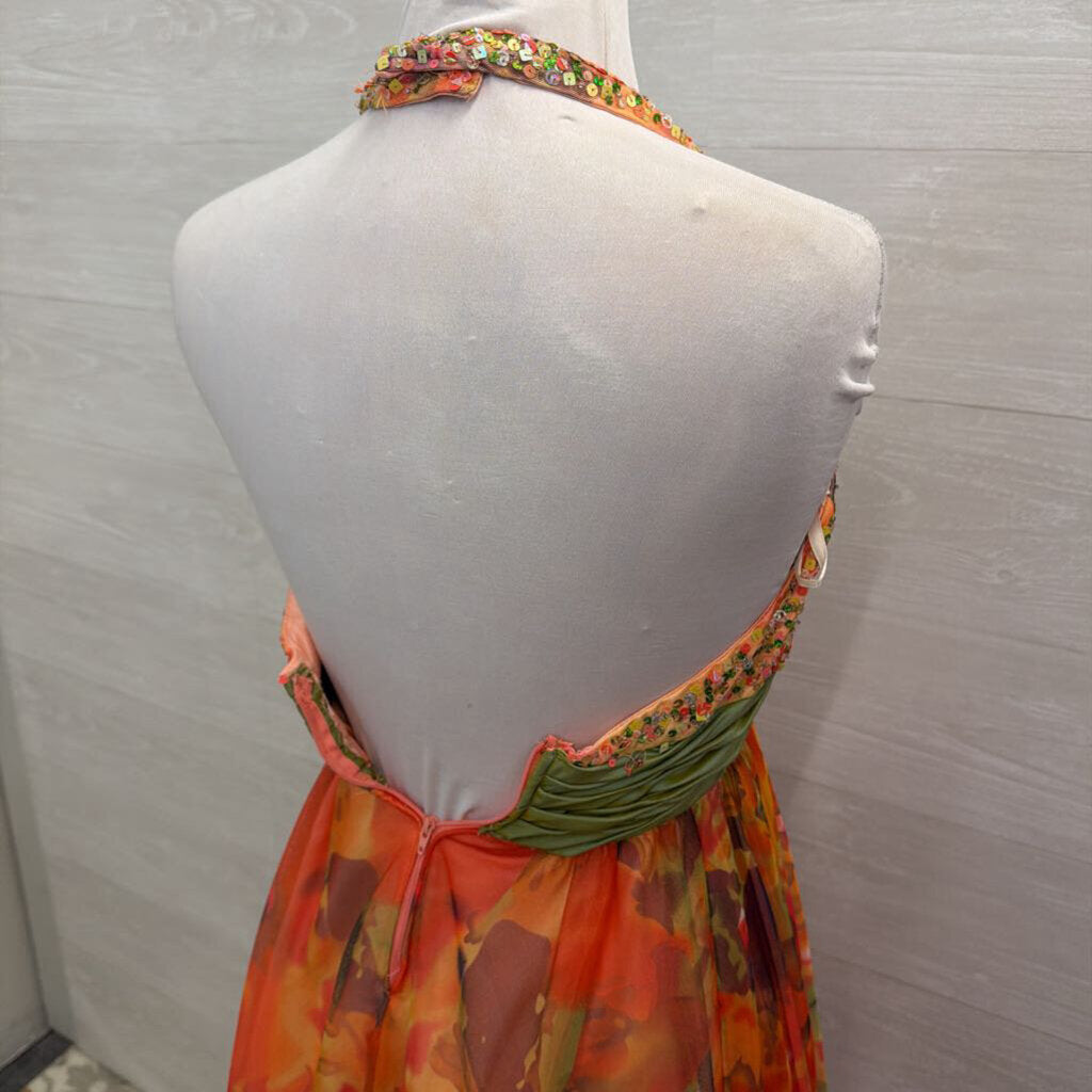 Dave and Johnny Orange/ Multi Sequin Top Print Tulle Skirt Long Formal Dress 3/4