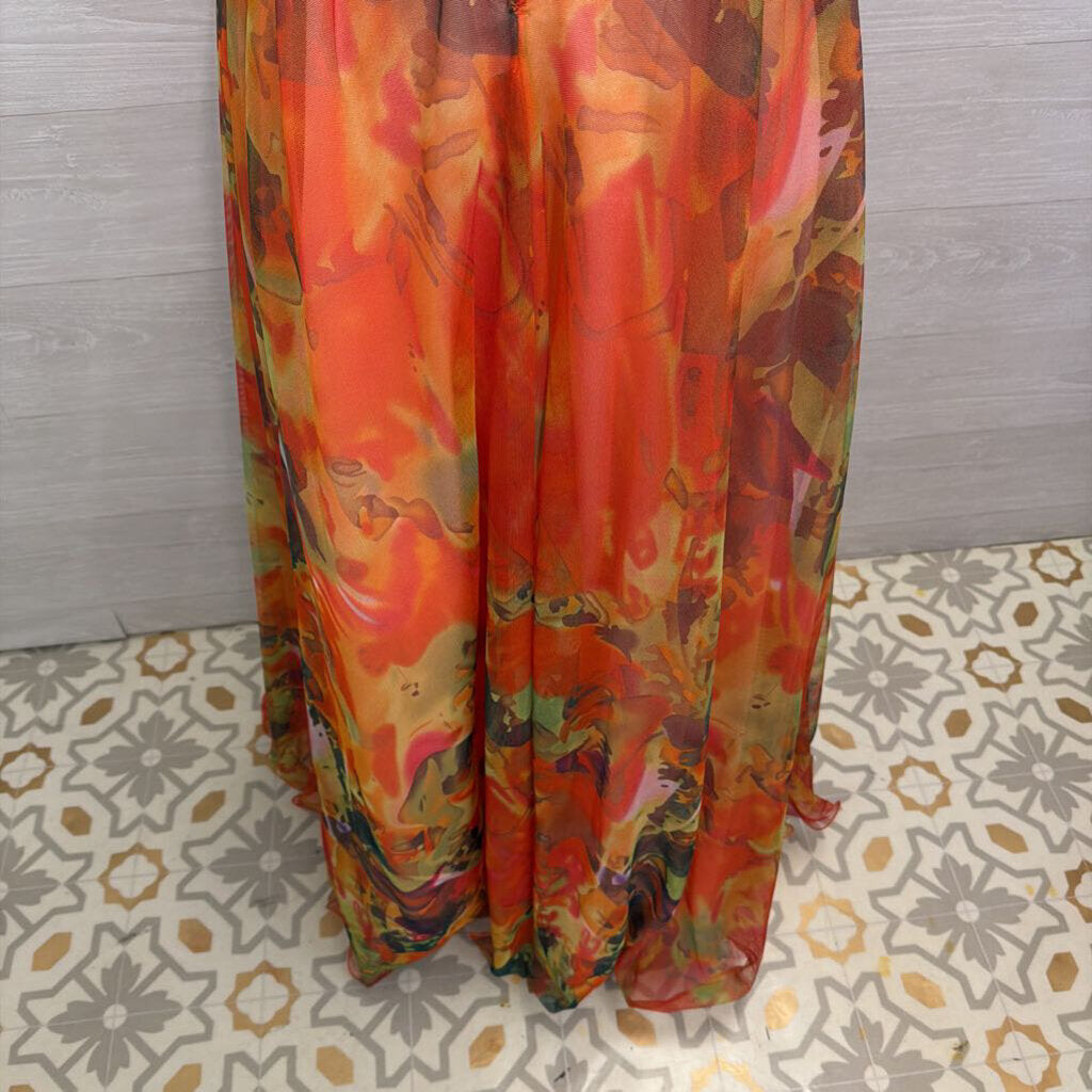 Dave and Johnny Orange/ Multi Sequin Top Print Tulle Skirt Long Formal Dress 3/4