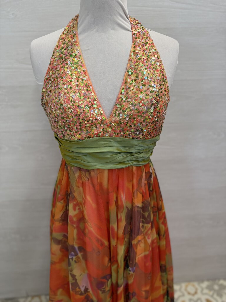 Dave and Johnny Orange/ Multi Sequin Top Print Tulle Skirt Long Formal Dress 3/4