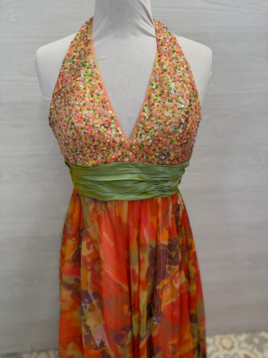 Dave and Johnny Orange/ Multi Sequin Top Print Tulle Skirt Long Formal Dress 3/4