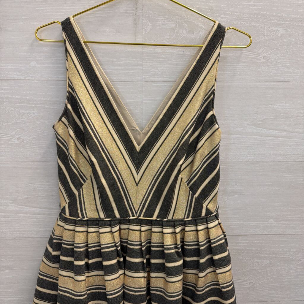 J Crew Blue/ Metallic Gold Striped V Neck Sleeveless Dress 2