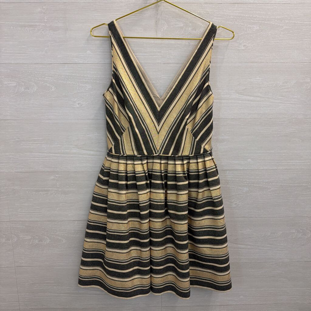 J Crew Blue/ Metallic Gold Striped V Neck Sleeveless Dress 2