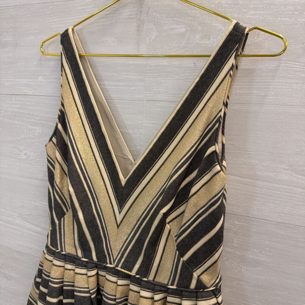 J Crew Blue/ Metallic Gold Striped V Neck Sleeveless Dress 2