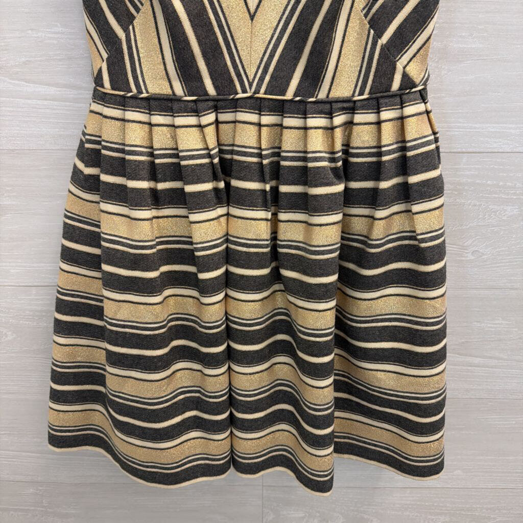 J Crew Blue/ Metallic Gold Striped V Neck Sleeveless Dress 2