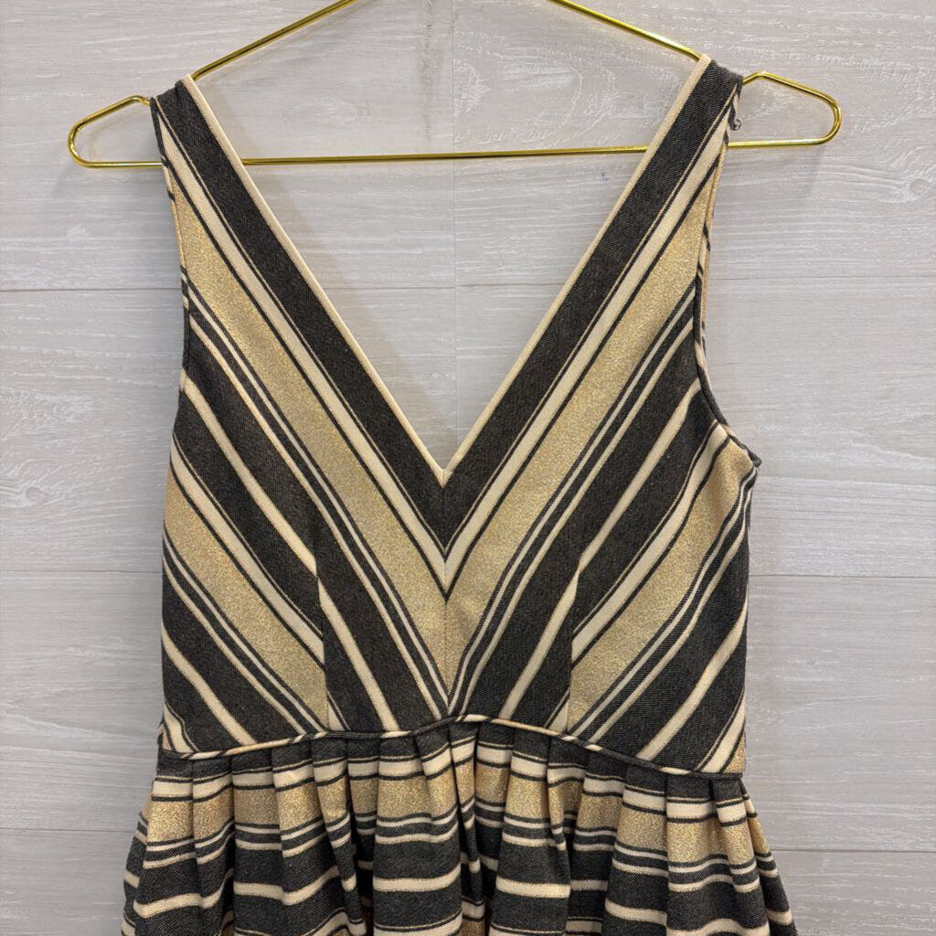 J Crew Blue/ Metallic Gold Striped V Neck Sleeveless Dress 2