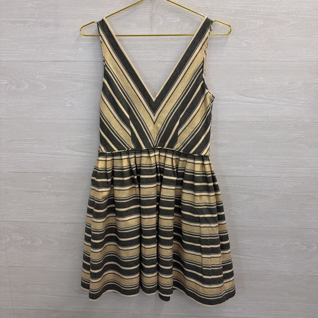 J Crew Blue/ Metallic Gold Striped V Neck Sleeveless Dress 2
