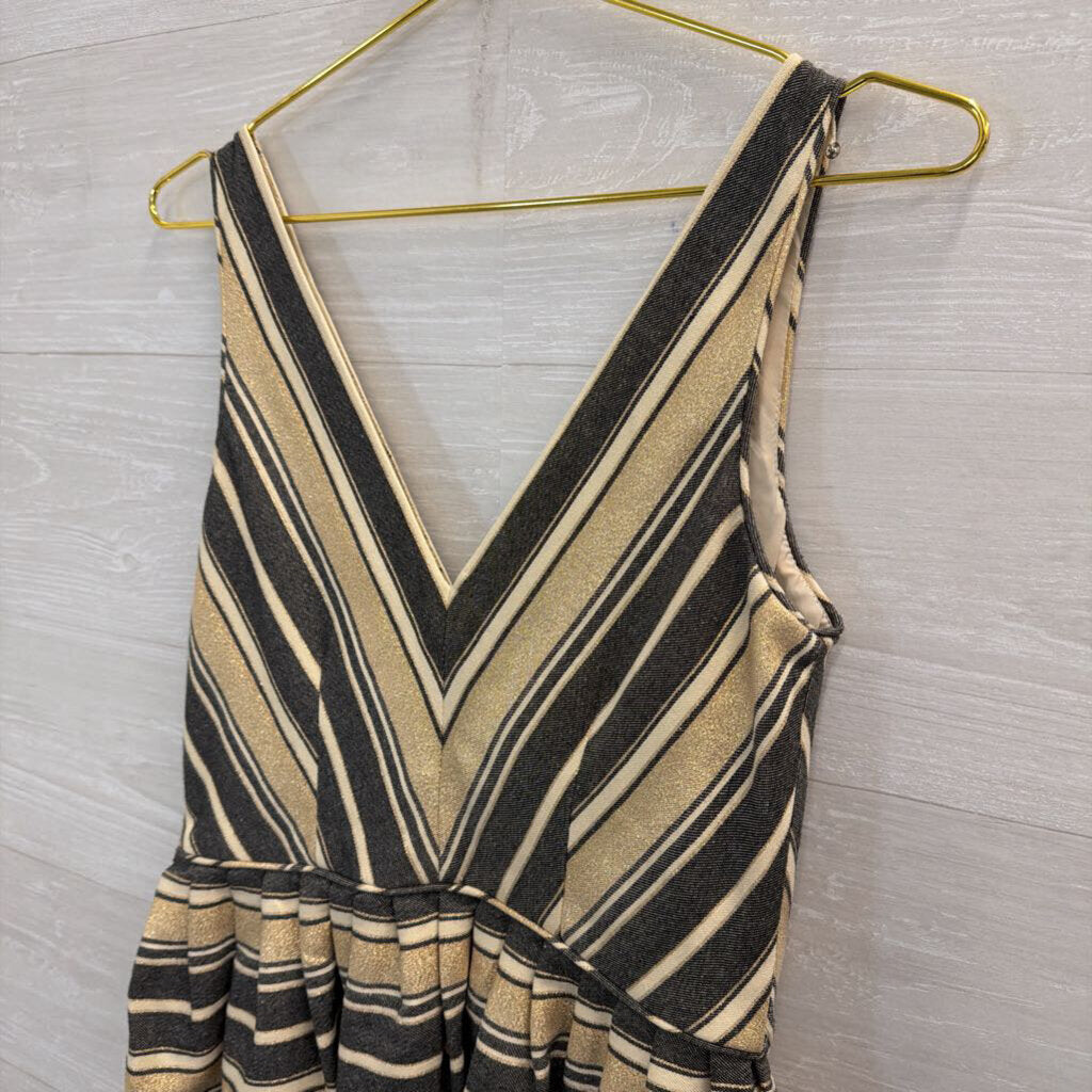 J Crew Blue/ Metallic Gold Striped V Neck Sleeveless Dress 2