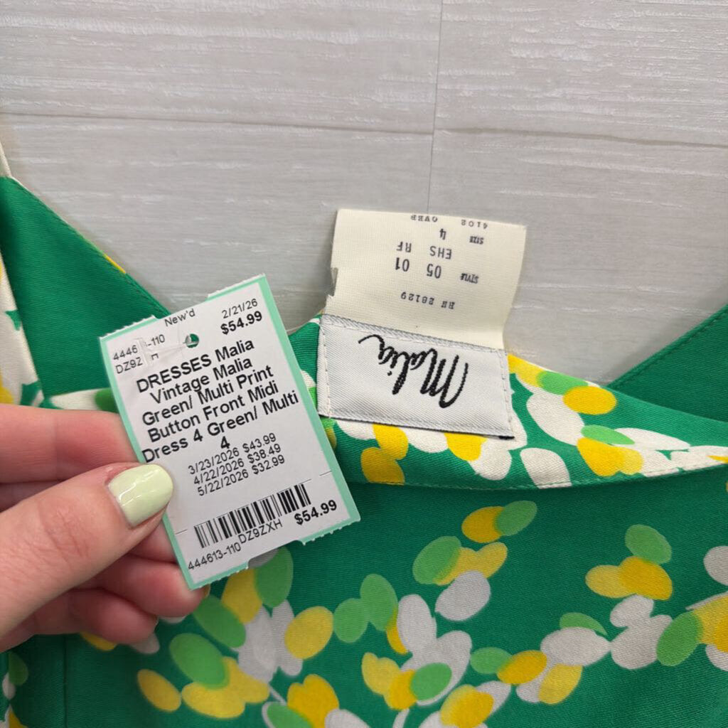 Vintage Malia Green/ Multi Print Button Front Midi Dress 4