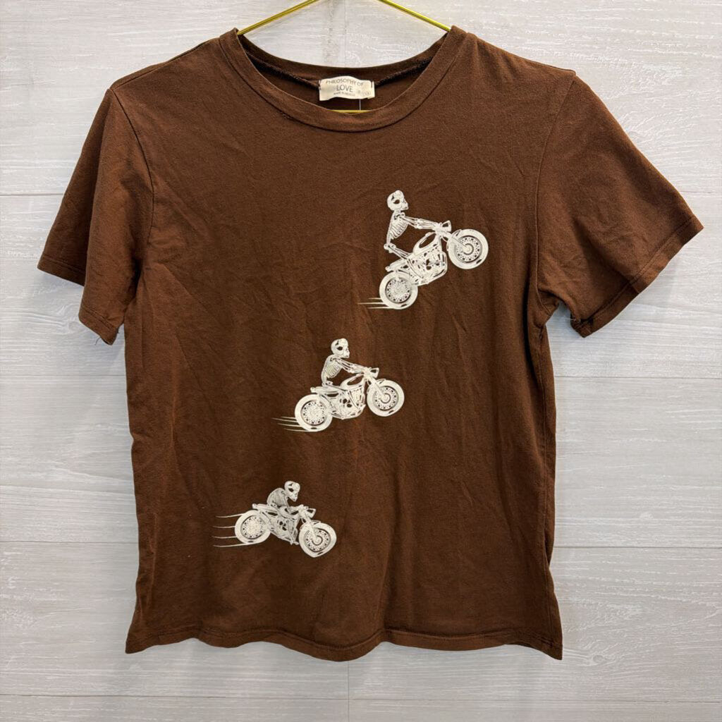 Philosophy Of Love Brown Skeleton Motorcycle Print Short Sleeve Top Small