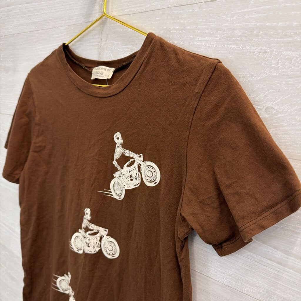 Philosophy Of Love Brown Skeleton Motorcycle Print Short Sleeve Top Small