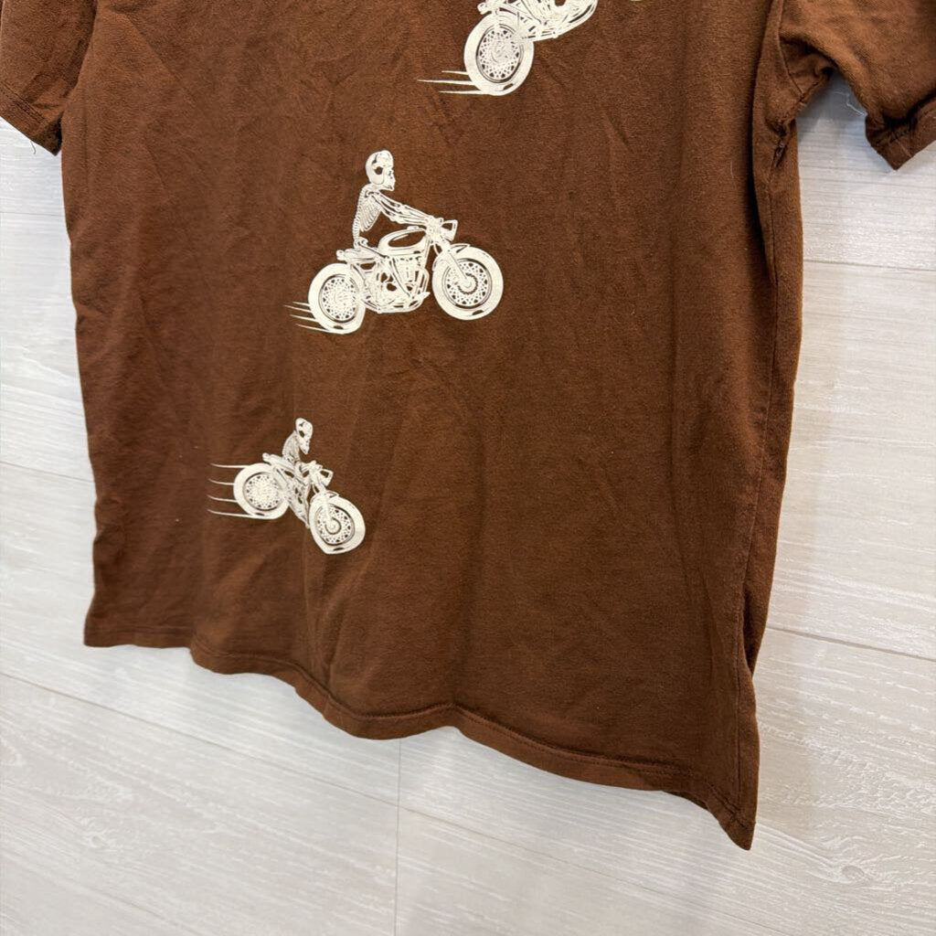 Philosophy Of Love Brown Skeleton Motorcycle Print Short Sleeve Top Small