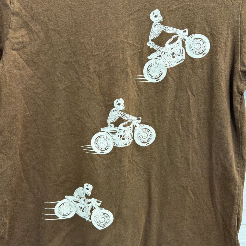 Philosophy Of Love Brown Skeleton Motorcycle Print Short Sleeve Top Small