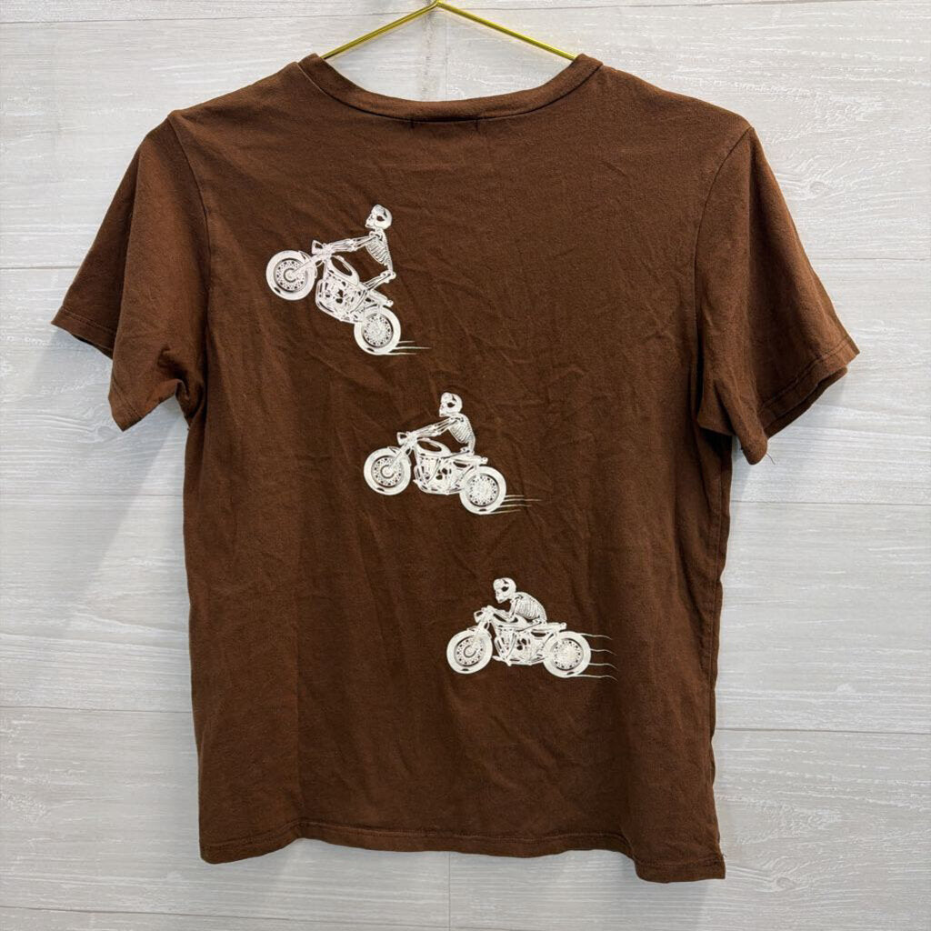 Philosophy Of Love Brown Skeleton Motorcycle Print Short Sleeve Top Small