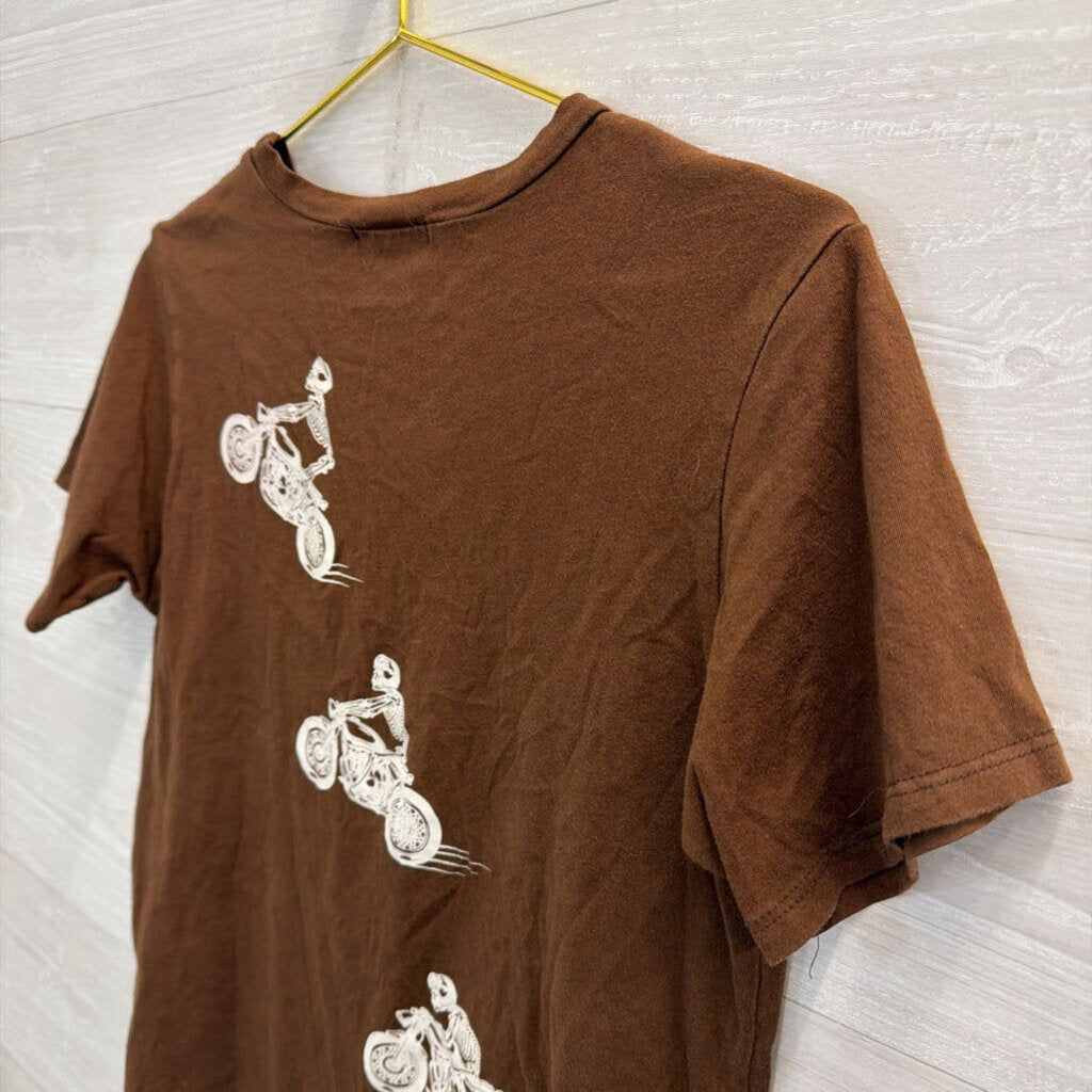 Philosophy Of Love Brown Skeleton Motorcycle Print Short Sleeve Top Small